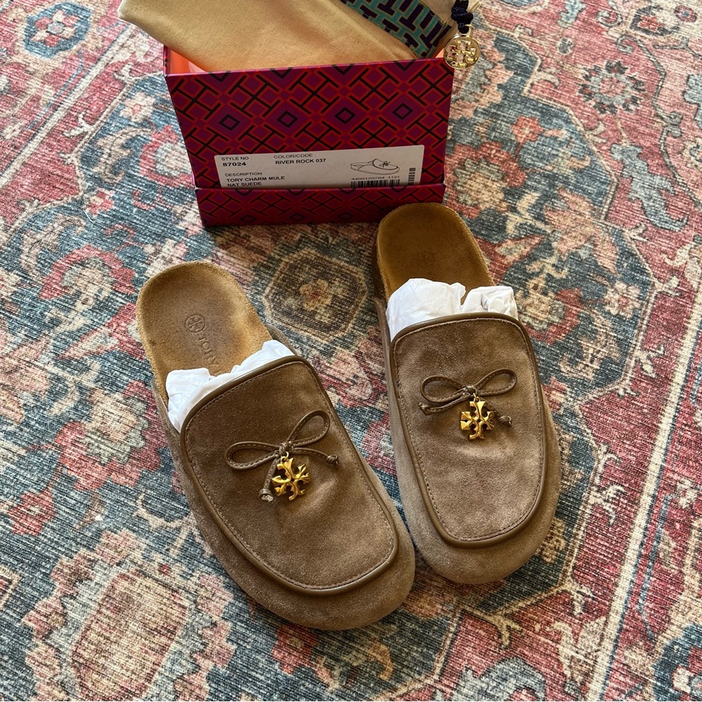 Tory Burch Charm Mule in River Rock Suede